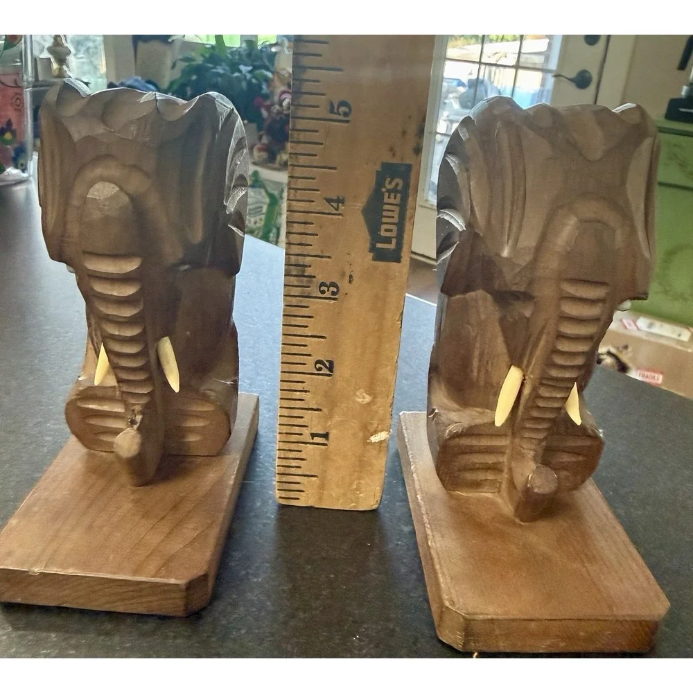 Vintage Hand-Carved Solid Wood Elephant Bookends (Pair)